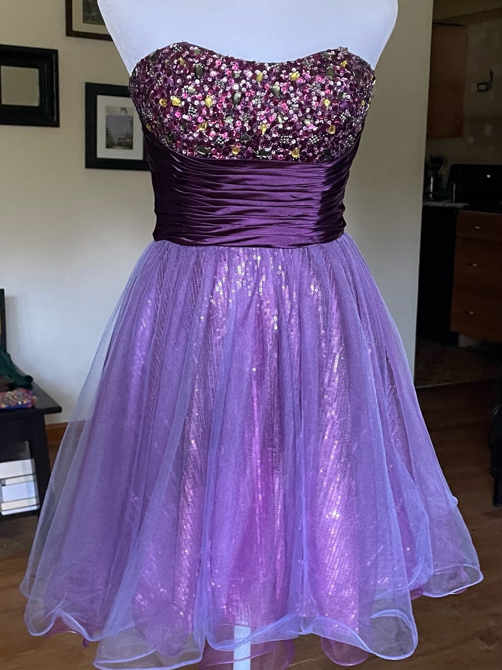 Jovani Purple Sequin Strapless Tulle Dress
